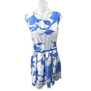 Julian Taylor White Blue Satin Floral Sleeveless Belt Mini Fit & Flare Dress 10